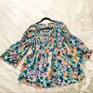 Womens Sz S Floral Watercolor Summer dress Crisscross Fit And Flare Bell Sleeves